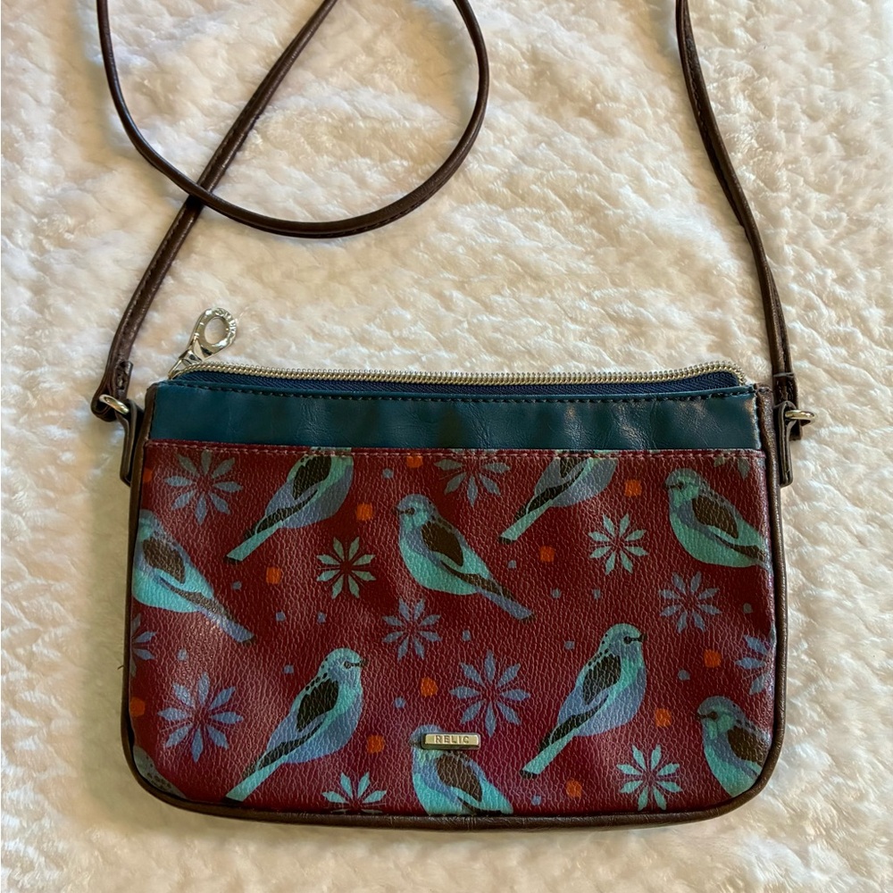 Relic Blue Bird Print Crossbody Bag Burgundy Clutch Folk Art Whimsical Nature